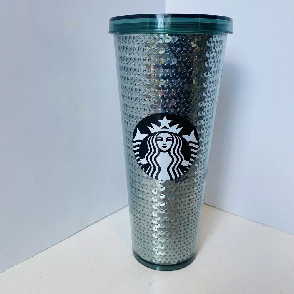 Starbucks Tumbler Cup 24‎ oz Silver Sequins Ltd Edition Black Logo Cup